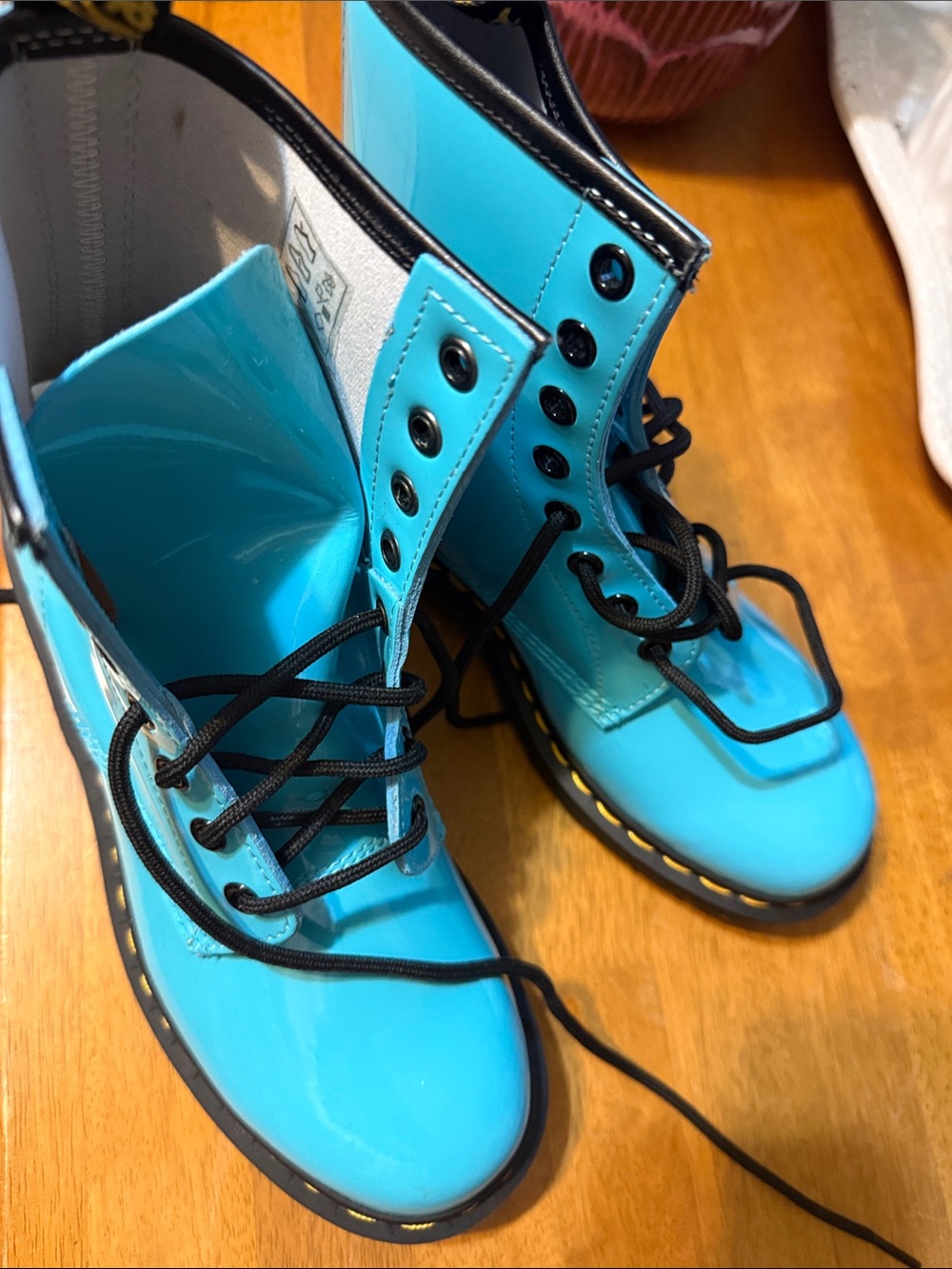 Dr. Martens Women's Lace-Up Boots in Bright Teal Patent - Picture 4 of 4